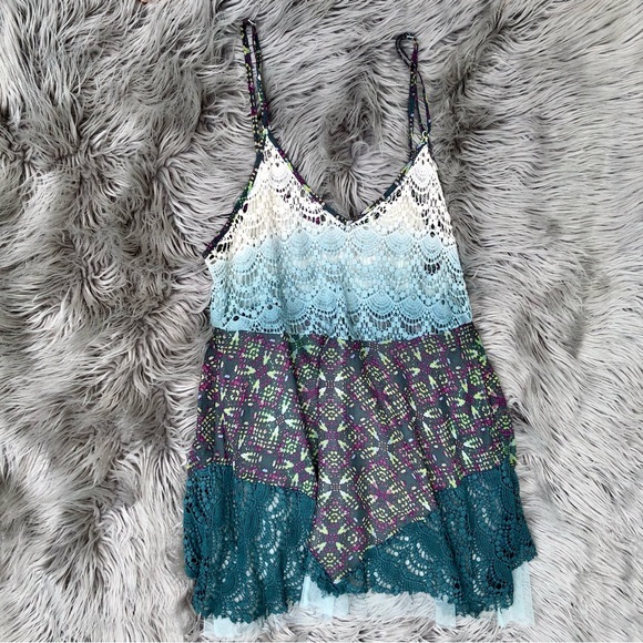 Mixed Media Sheer Fairy Grunge Print and Crochet Lace Slip Dress, Size Junior L - Picture 2 of 4